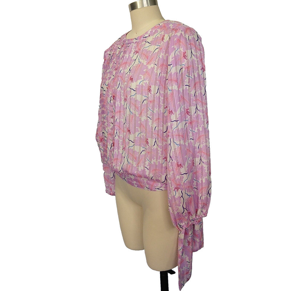 Vintage 80s Floral Blouse Size M Purple Georgette Bow Glam Long Sleeve Metallic - Picture 2 of 9